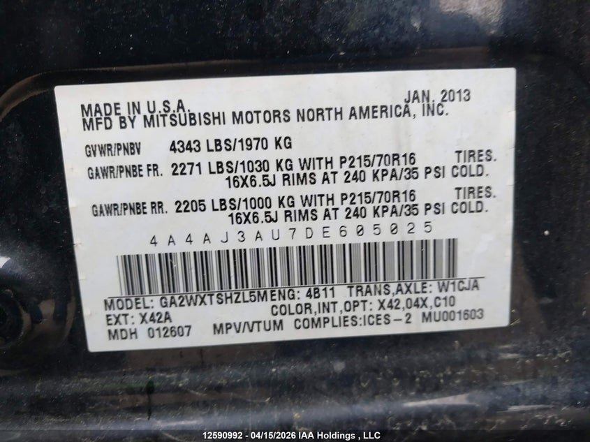2013 Mitsubishi Rvr Se VIN: 4A4AJ3AU7DE605025 Lot: 12590992