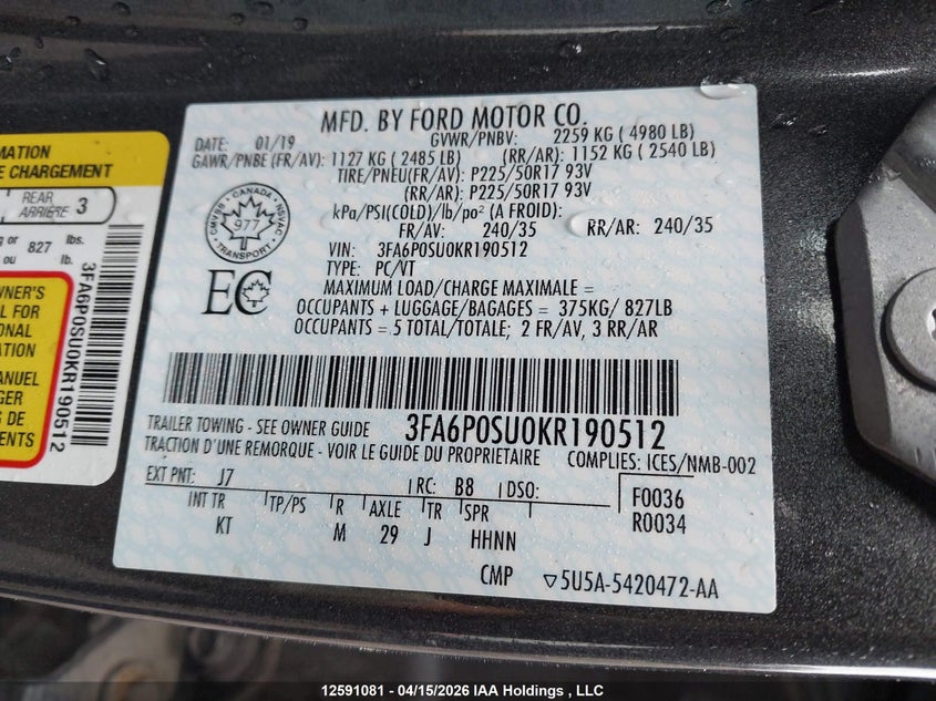 2019 Ford Fusion Titanium VIN: 3FA6P0SU0KR190512 Lot: 12591081