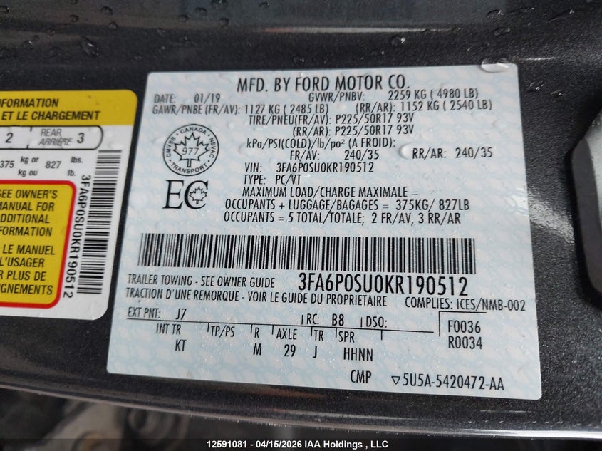 2019 Ford Fusion Titanium VIN: 3FA6P0SU0KR190512 Lot: 12591081