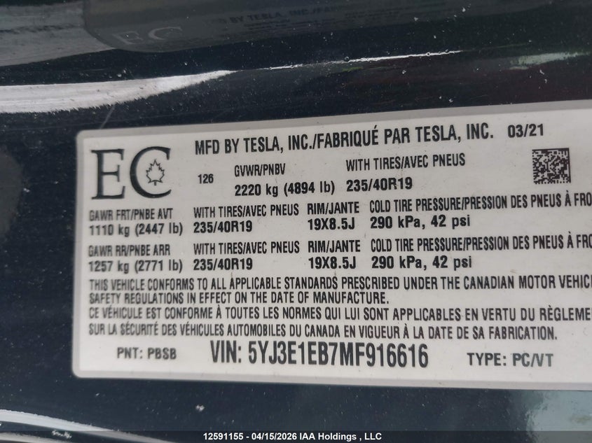 2021 Tesla Model 3 VIN: 5YJ3E1EB7MF916616 Lot: 12591155