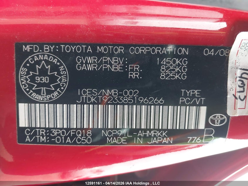 2008 Toyota Yaris VIN: JTDKT923385196266 Lot: 12591161