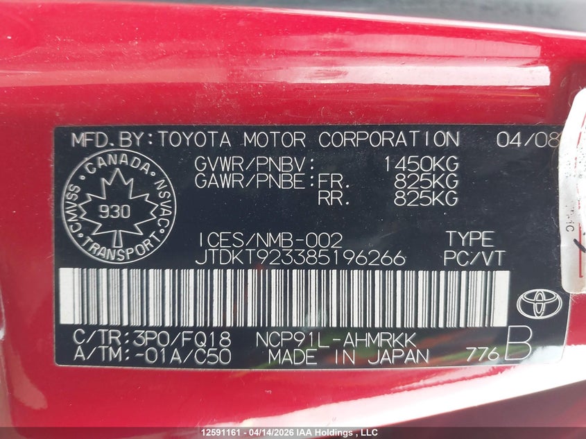 2008 Toyota Yaris VIN: JTDKT923385196266 Lot: 12591161