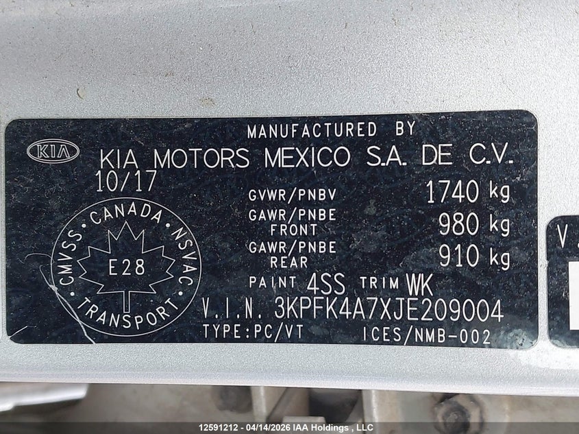 2018 Kia Forte Lx/Lx+ VIN: 3KPFK4A7XJE209004 Lot: 12591212