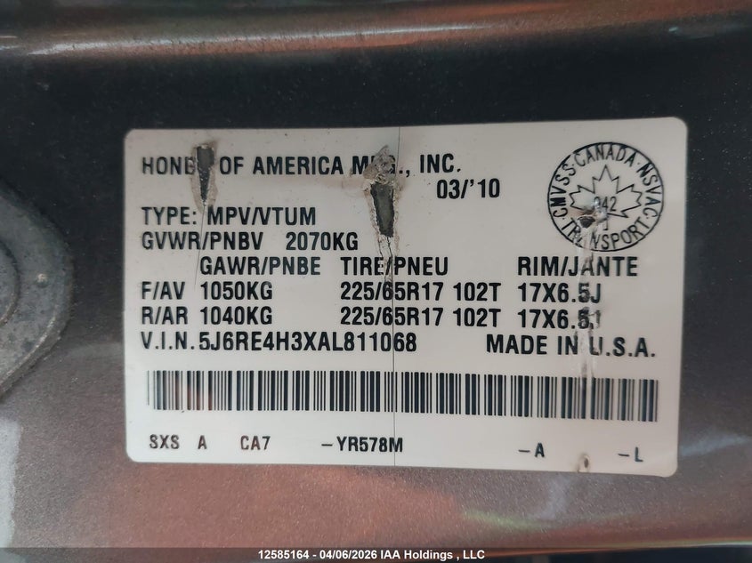 2010 Honda Cr-V Lx VIN: 5J6RE4H3XAL811068 Lot: 12585164x