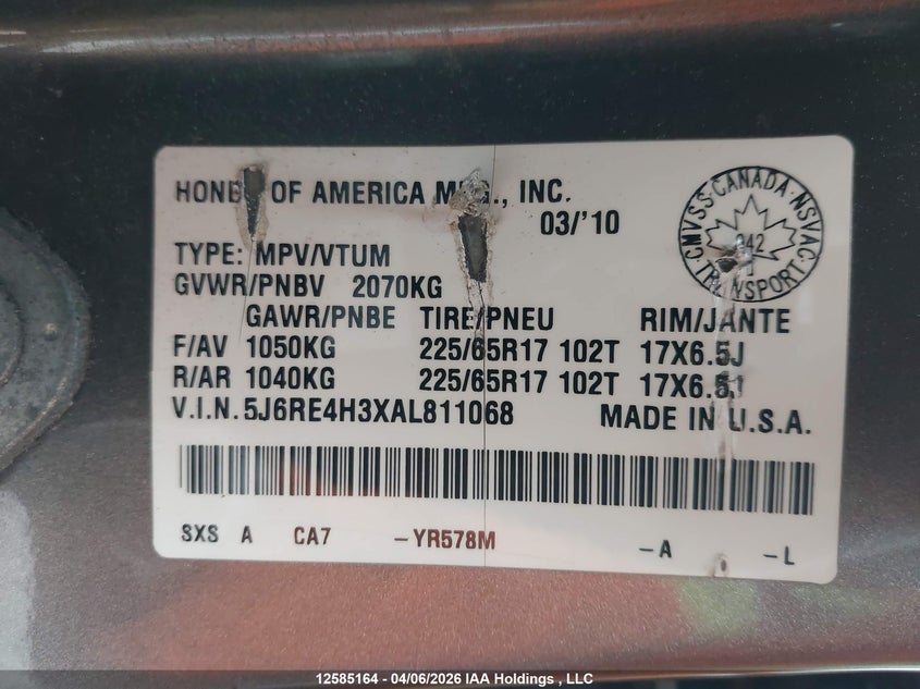 2010 Honda Cr-V Lx VIN: 5J6RE4H3XAL811068 Lot: 12585164x