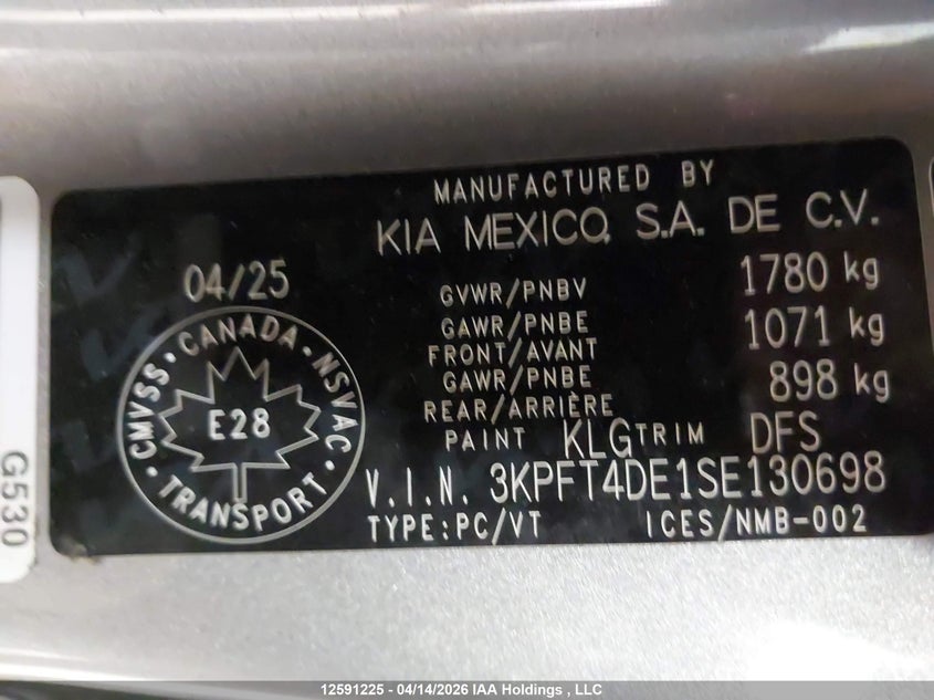 2025 Kia K4 Lx VIN: 3KPFT4DE1SE130698 Lot: 12591225