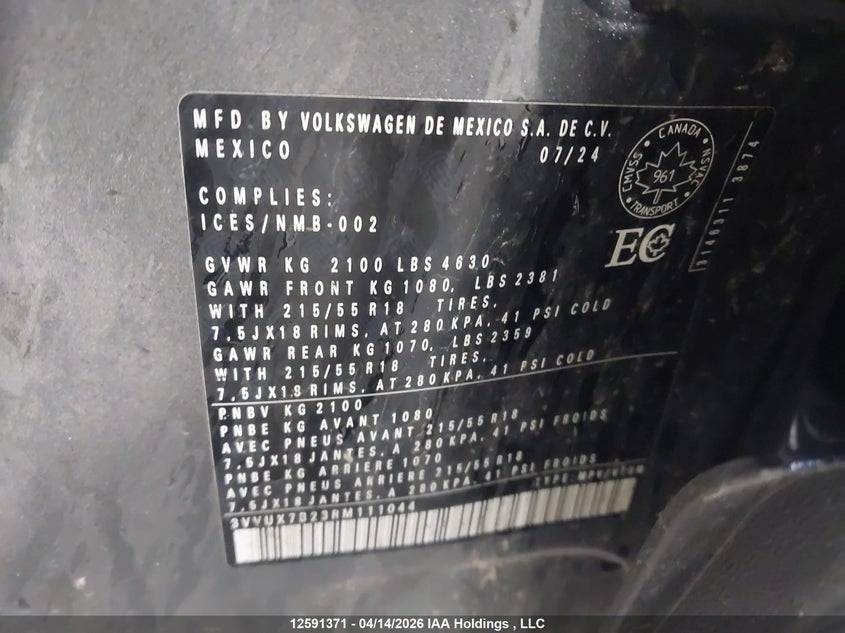2024 Volkswagen Taos Comfortline VIN: 3VVUX7B23RM111044 Lot: 12591371