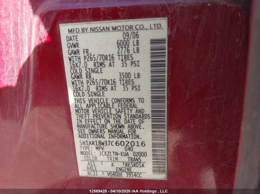 2007 Nissan Pathfinder Se VIN: 5N1AR18W37C602016 Lot: 12569428x