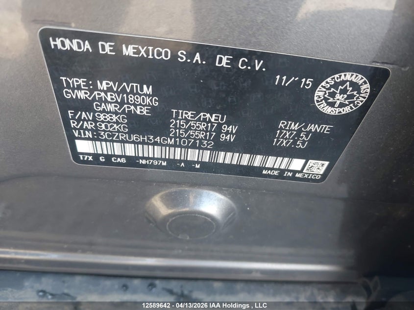 2016 Honda Hr-V Lx VIN: 3CZRU6H34GM107132 Lot: 12589642x