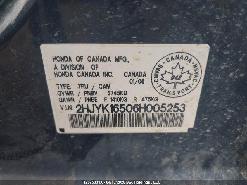 2006 Honda Ridgeline Ex-L VIN: 2HJYK16506H005253 Lot: 12575333x