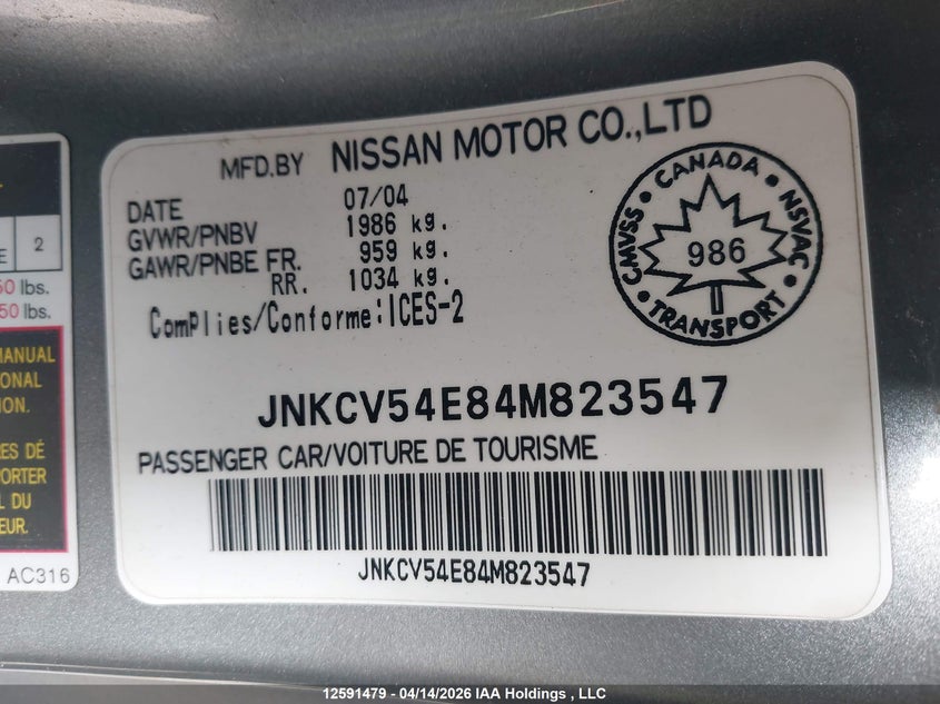 2004 Infiniti G35 VIN: JNKCV54E84M823547 Lot: 12591479