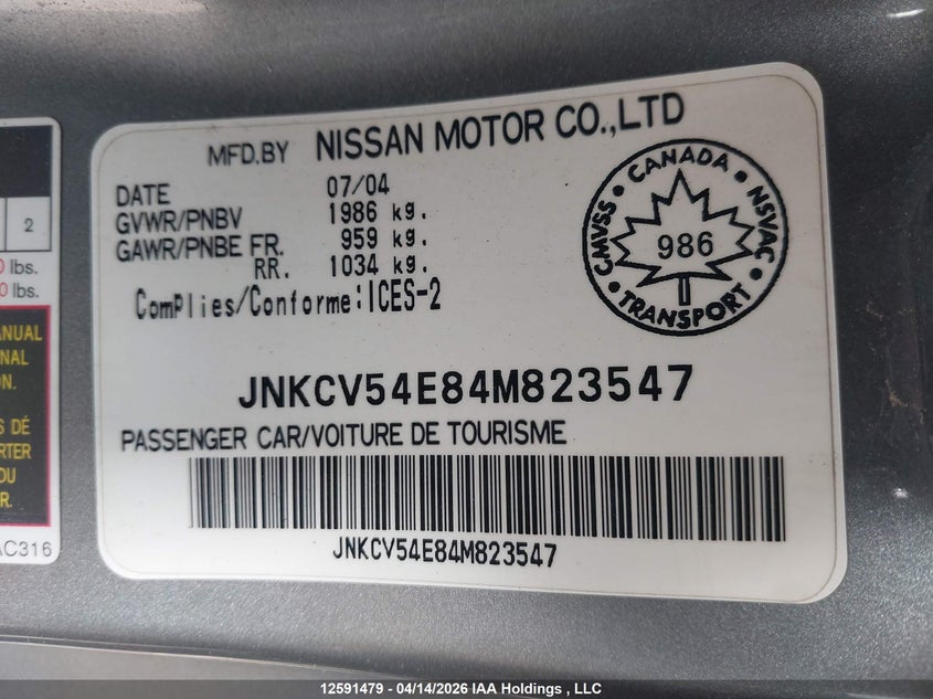 2004 Infiniti G35 VIN: JNKCV54E84M823547 Lot: 12591479