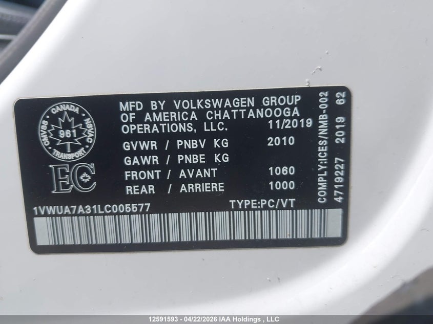 2020 Volkswagen Passat Highline VIN: 1VWUA7A31LC005577 Lot: 12591593