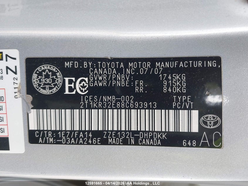 2008 Toyota Corolla Matrix Xr VIN: 2T1KR32E88C693913 Lot: 12591665