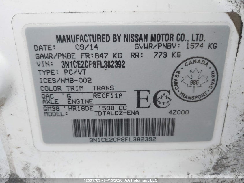 2015 Nissan Versa VIN: 3N1CE2CP8FL382392 Lot: 12591769