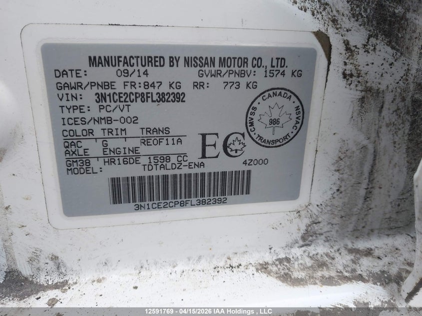 2015 Nissan Versa VIN: 3N1CE2CP8FL382392 Lot: 12591769