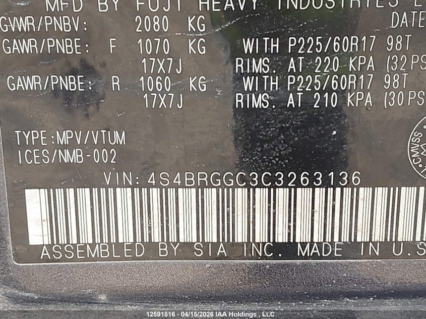 2012 Subaru Outback 2.5I Premium VIN: 4S4BRGGC3C3263136 Lot: 12591816