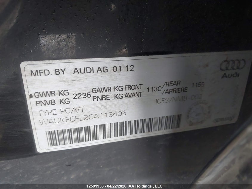2012 Audi A4 Prestige VIN: WAUKFCFL2CA113406 Lot: 12591956