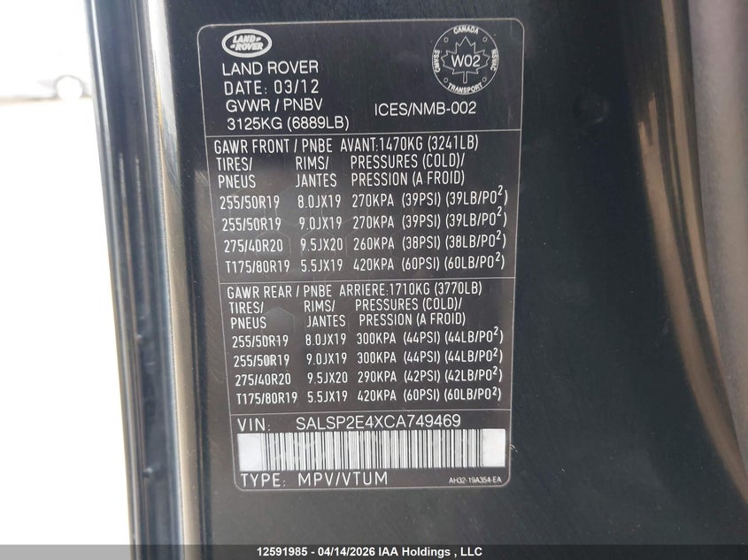 2012 Land Rover Range Rover Sport Supercharged VIN: SALSP2E4XCA749469 Lot: 12591985