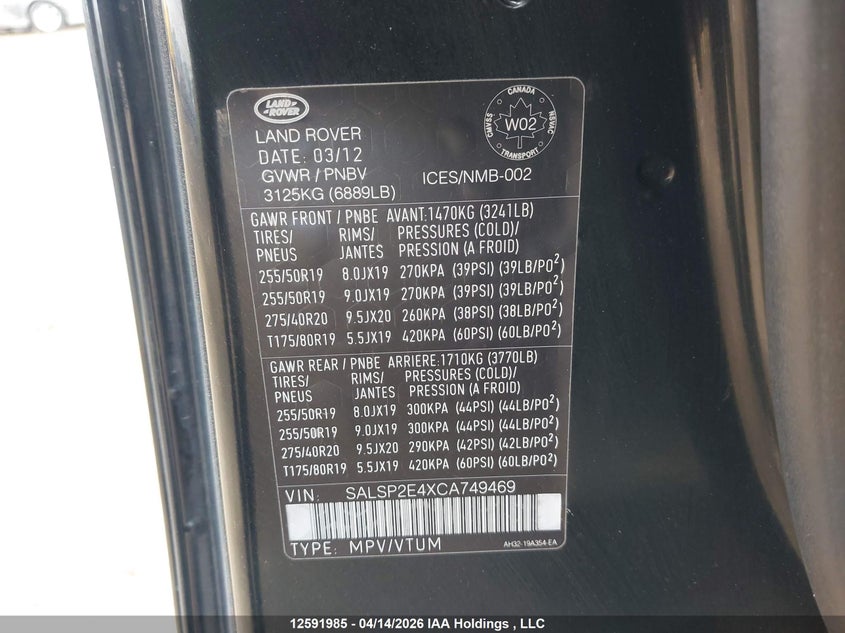 2012 Land Rover Range Rover Sport Supercharged VIN: SALSP2E4XCA749469 Lot: 12591985