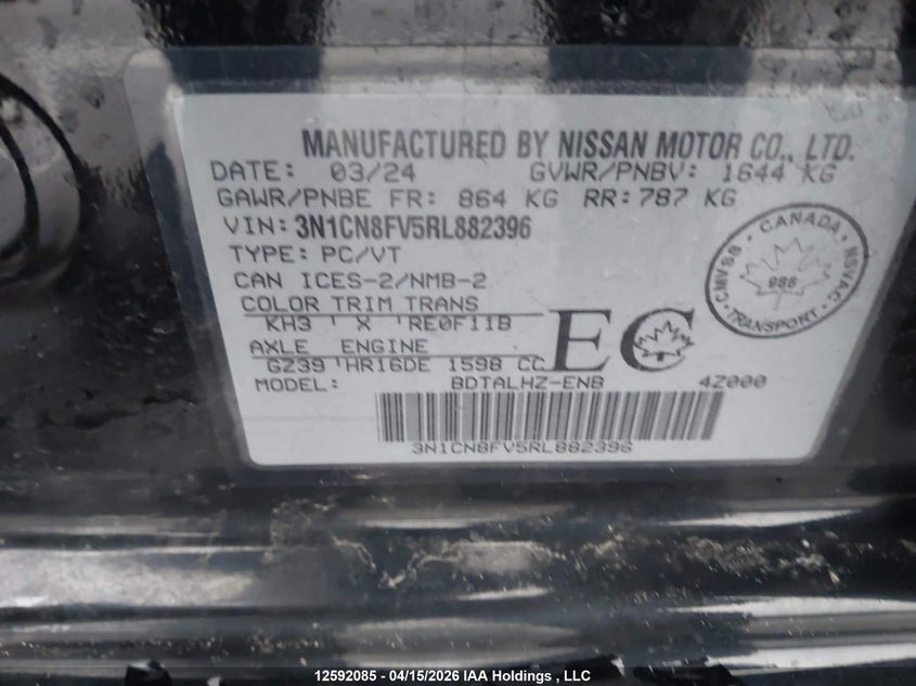 2024 Nissan Versa Sr VIN: 3N1CN8FV5RL882396 Lot: 12592085