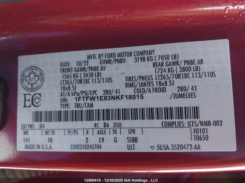 2022 Ford F-150 Xlt VIN: 1FTFW1E83NKF18015 Lot: 12500418x