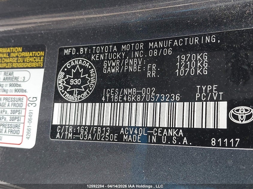 2007 Toyota Camry Ce/Le/Xle/Se VIN: 4T1BE46K87U573236 Lot: 12592284