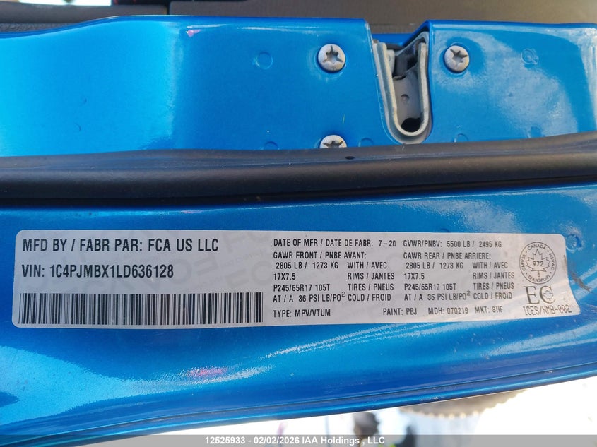 2020 Jeep Cherokee Trailhawk VIN: 1C4PJMBX1LD636128 Lot: 12525933X