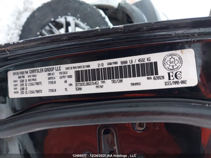 2011 Ram Ram 3500 Slt VIN: 3D73Y3CL8BG576453 Lot: 12495077X