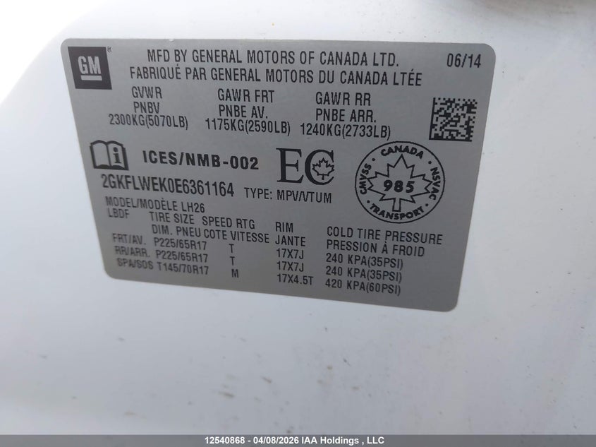 2014 GMC Terrain Sle-2 VIN: 2GKFLWEK0E6361164 Lot: 12540868X