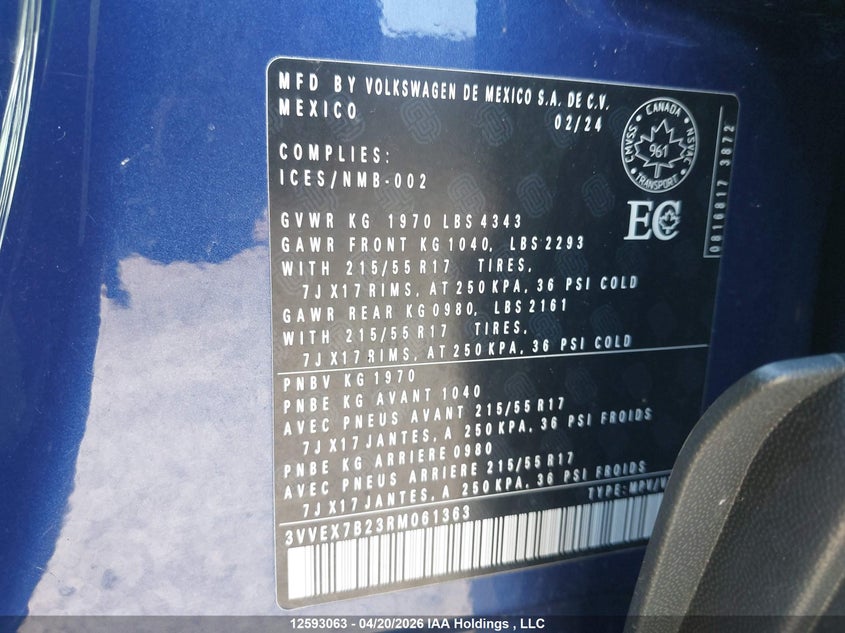2024 Volkswagen Taos Se VIN: 3VVEX7B23RM061363 Lot: 12593063