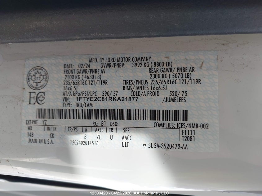 2024 FORD TRANSIT-150 CARGO VAN 3.5L V-6 DI, DOHC, VVT, 275HP