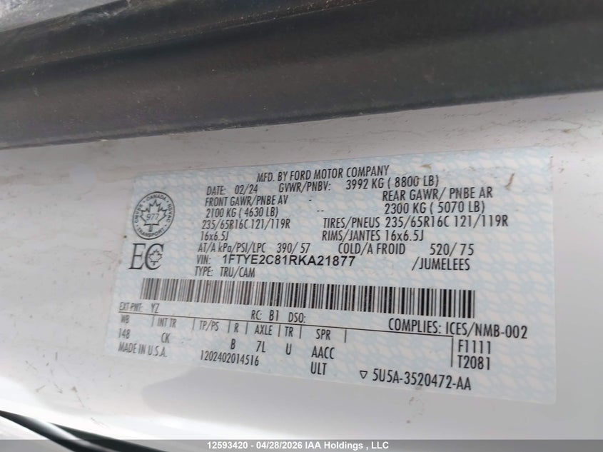 2024 FORD TRANSIT-150 CARGO VAN 3.5L V-6 DI, DOHC, VVT, 275HP