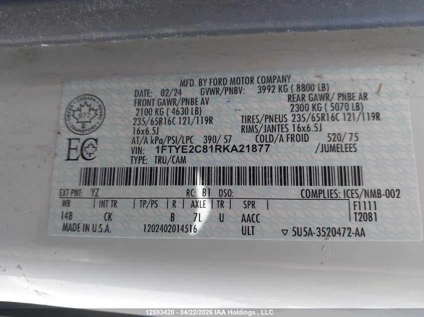 2024 FORD TRANSIT-150 CARGO VAN 3.5L V-6 DI, DOHC, VVT, 275HP