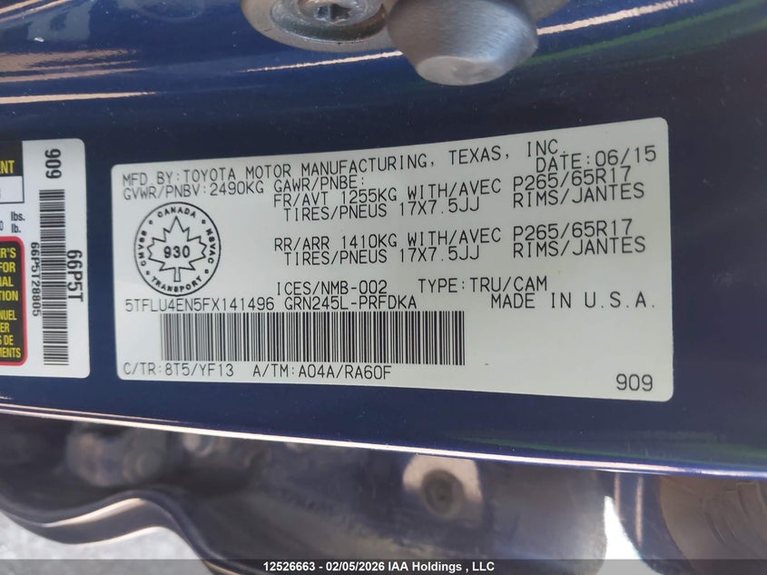 2015 Toyota Tacoma V6 VIN: 5TFLU4EN5FX141496 Lot: 12526663x