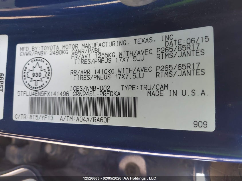 2015 Toyota Tacoma V6 VIN: 5TFLU4EN5FX141496 Lot: 12526663x