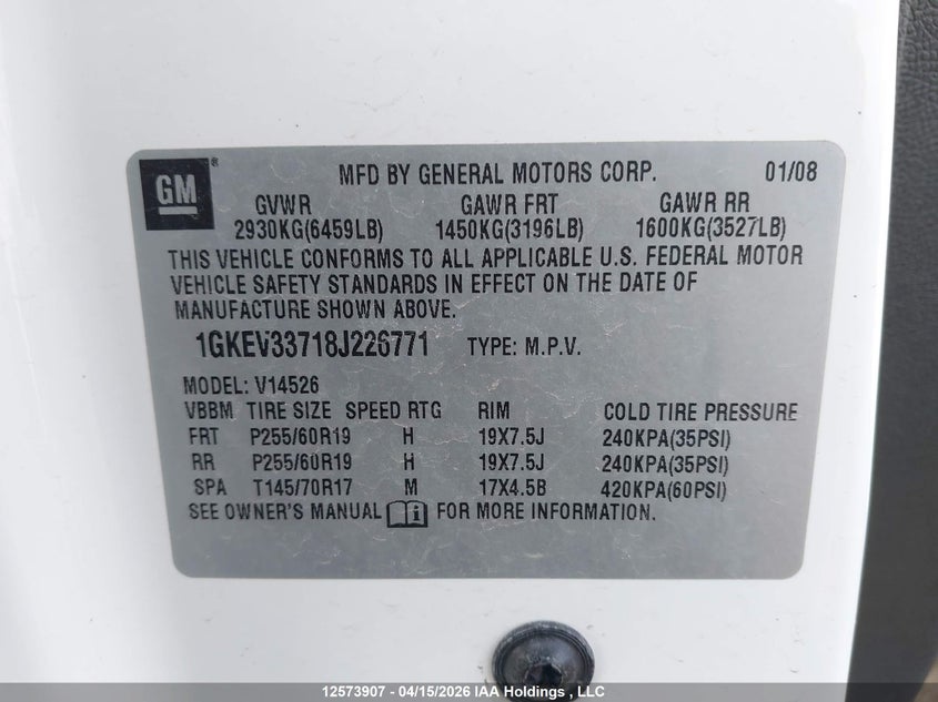 2008 GMC Acadia Slt-2 VIN: 1GKEV33718J226771 Lot: 12573907x