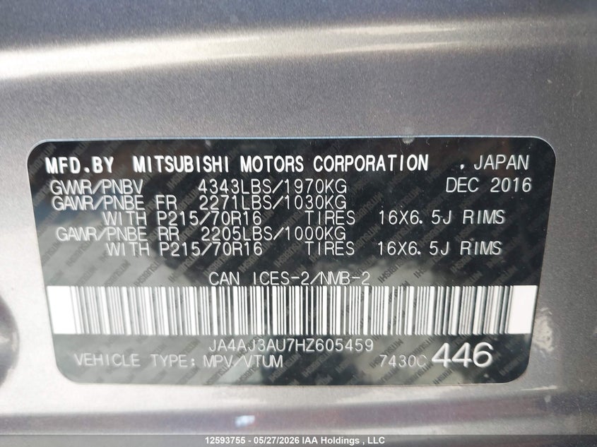 2017 Mitsubishi Rvr VIN: JA4AJ3AU7HZ605459 Lot: 12593755