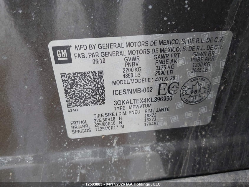 2019 GMC TERRAIN SPORT UTILITY VEHICLE 2.0L I-4 DI, DOHC, VVT, TURBO, 252HP