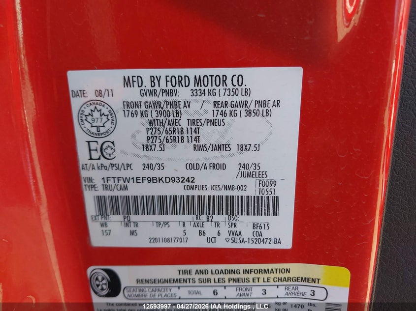 2011 FORD F-150 PICKUP 5.0L V-8 DOHC, VVT, 360HP