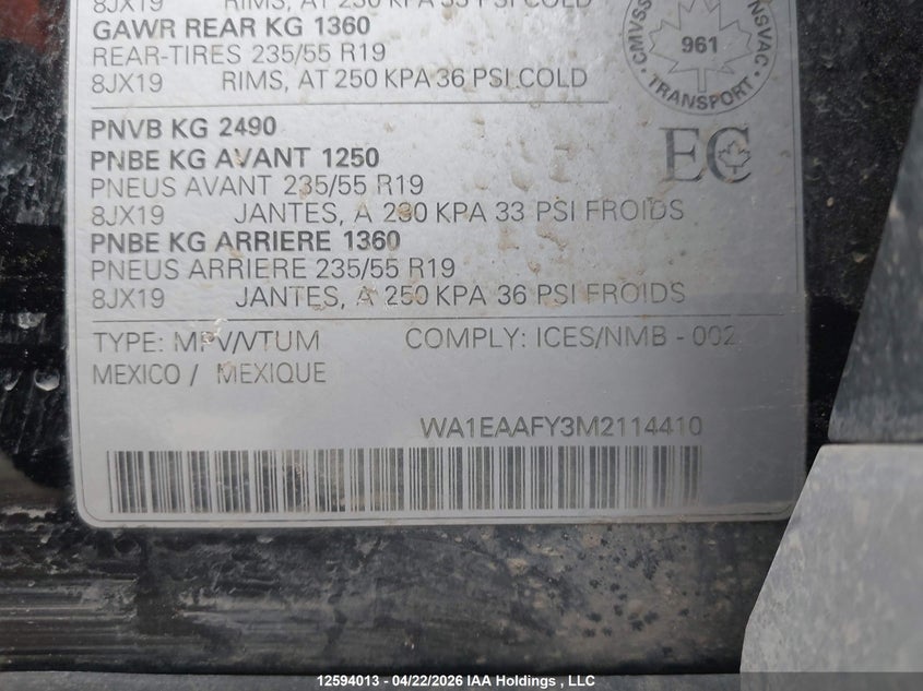 2021 Audi Q5 45 Progressiv VIN: WA1EAAFY3M2114410 Lot: 12594013