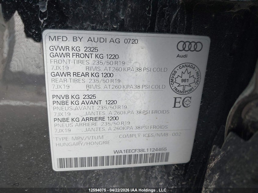 2020 Audi Q3 45 Progressiv VIN: WA1EECF38L1124455 Lot: 12594075