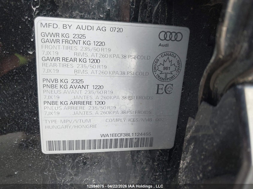 2020 Audi Q3 45 Progressiv VIN: WA1EECF38L1124455 Lot: 12594075