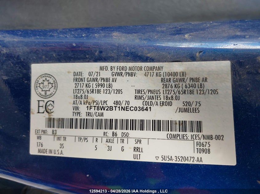 2022 Ford F-250 Xlt VIN: 1FT8W2BT1NEC03641 Lot: 12594213