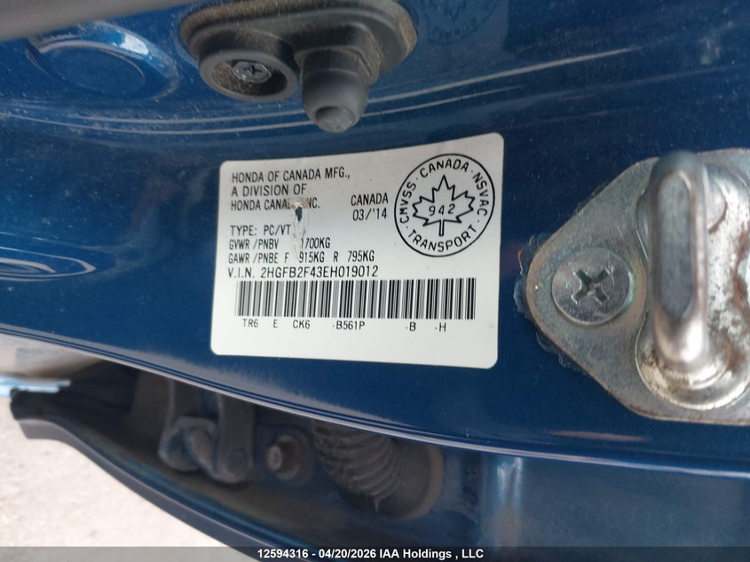 2014 HONDA CIVIC SEDAN 1.8L I-4 VVT, 143HP