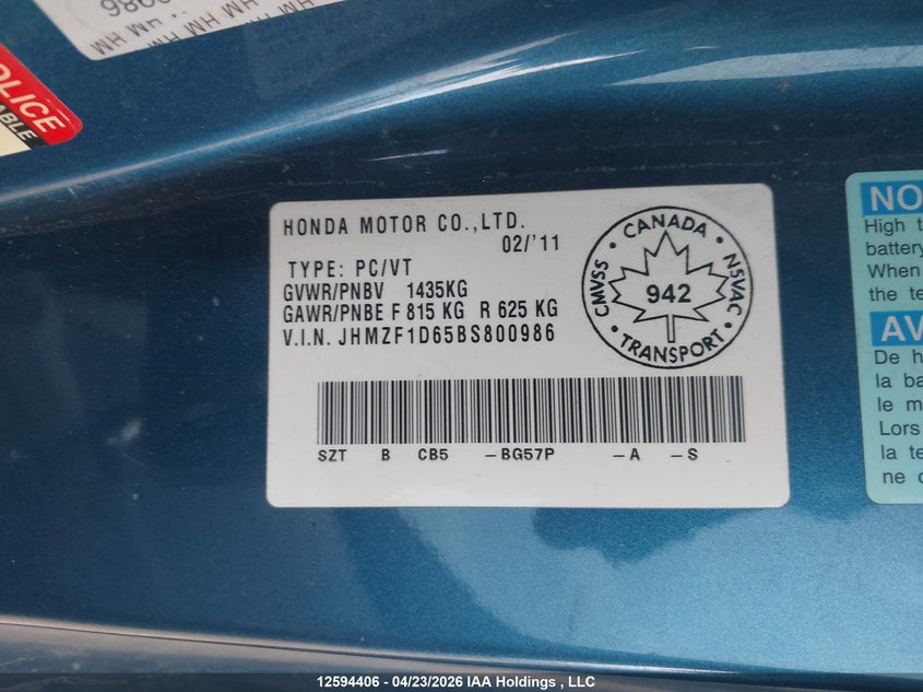 2011 Honda Cr-Z Ex VIN: JHMZF1D65BS800986 Lot: 12594406