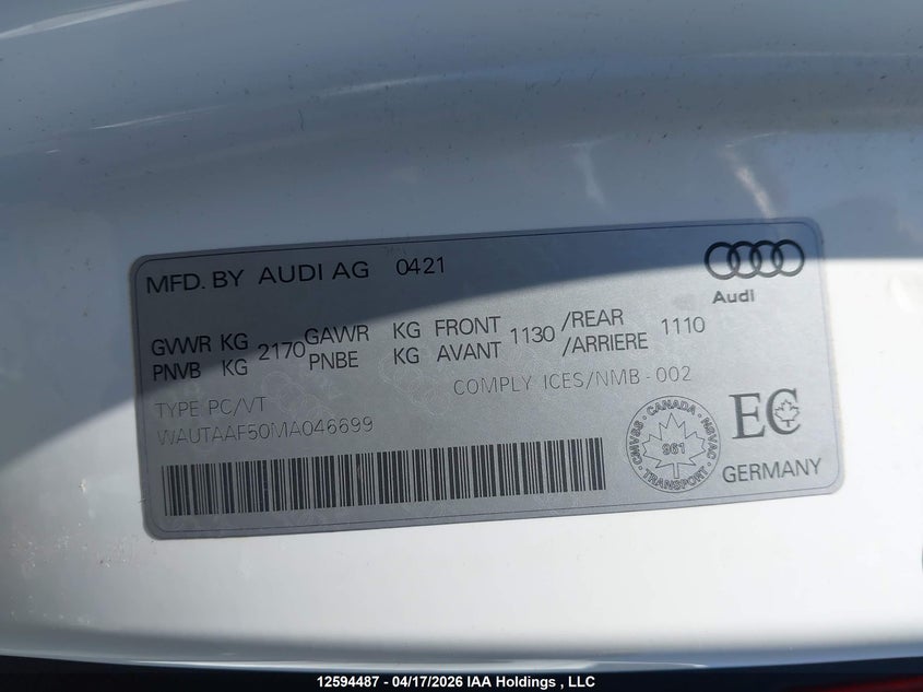 2021 Audi A5 2.0T Progressiv VIN: WAUTAAF50MA046699 Lot: 12594487