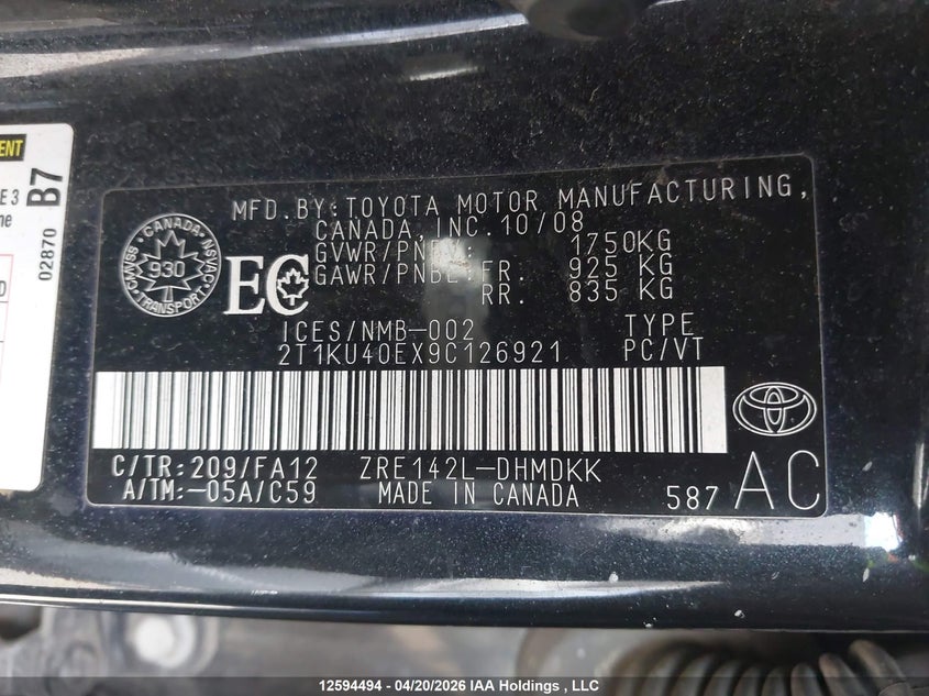 2009 Toyota Matrix VIN: 2T1KU40EX9C126921 Lot: 12594494