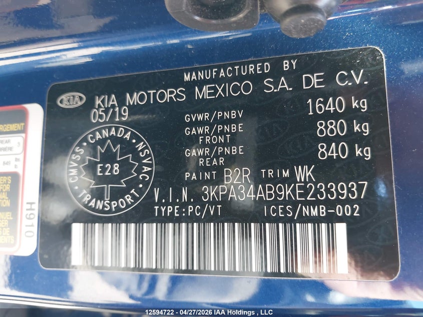 2019 Kia Rio VIN: 3KPA34AB9KE233937 Lot: 12594722
