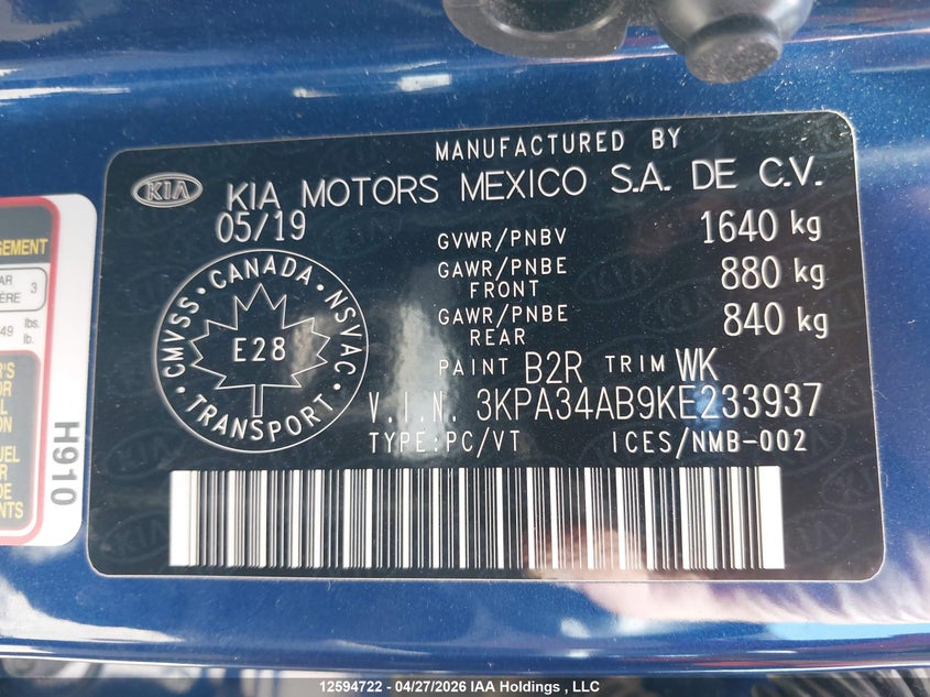 2019 Kia Rio VIN: 3KPA34AB9KE233937 Lot: 12594722